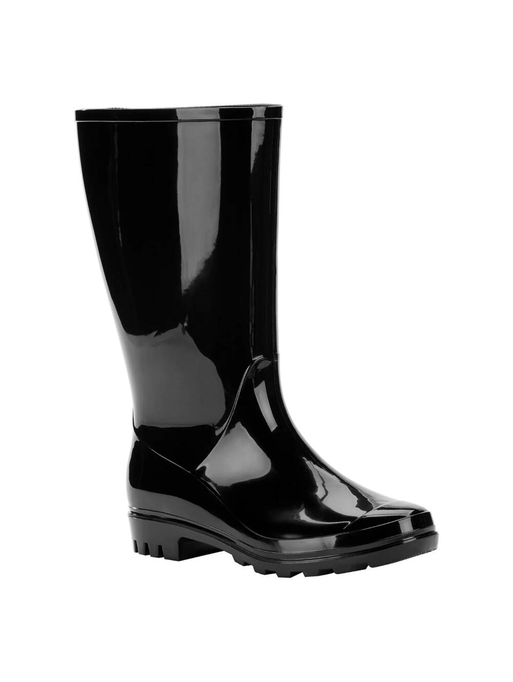 NWT Women Size 6W Black Gloss Rubber Rain Boots Waterproof Time and Tru 12" High